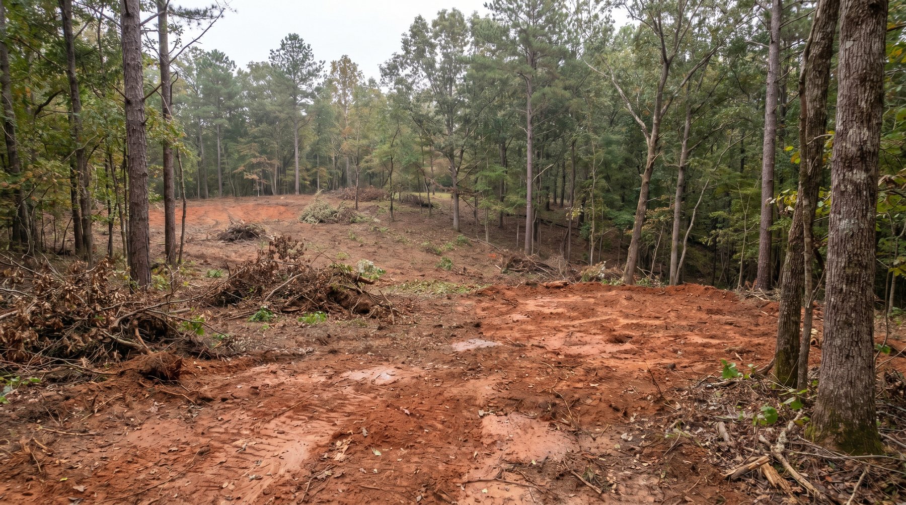 A cleared and graded building pad on red NC clay, ready for footings and the crawl-space foundation.