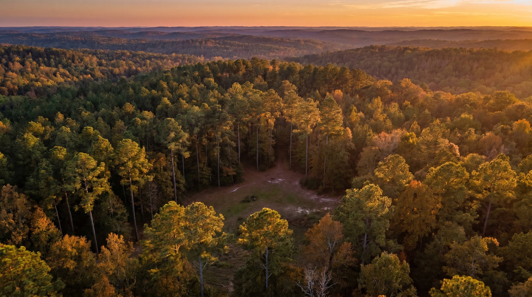 Aerial view of wooded Triangle land with an open clearing.