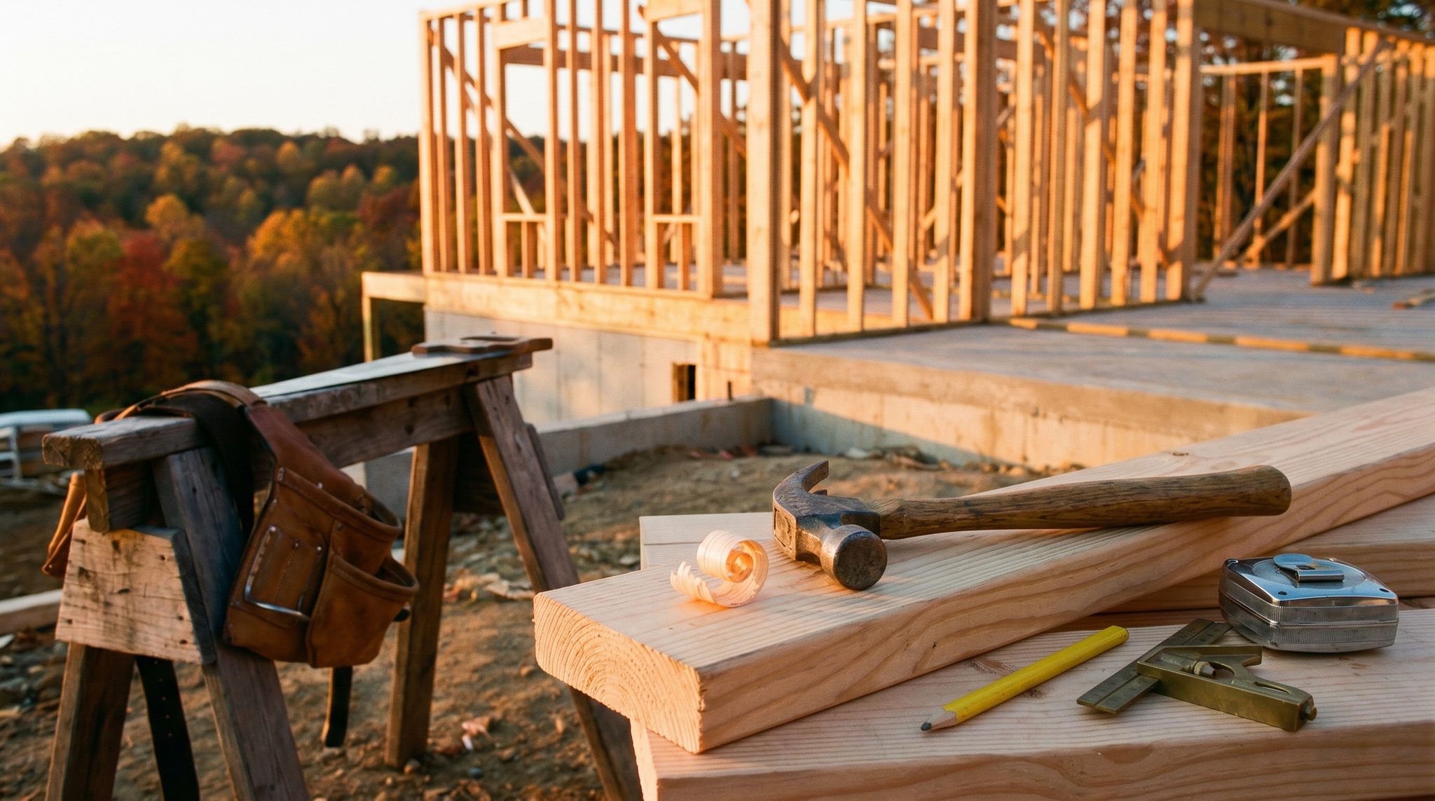 A hammer, a tape measure and a framing square on fresh lumber, with a framed house behind.