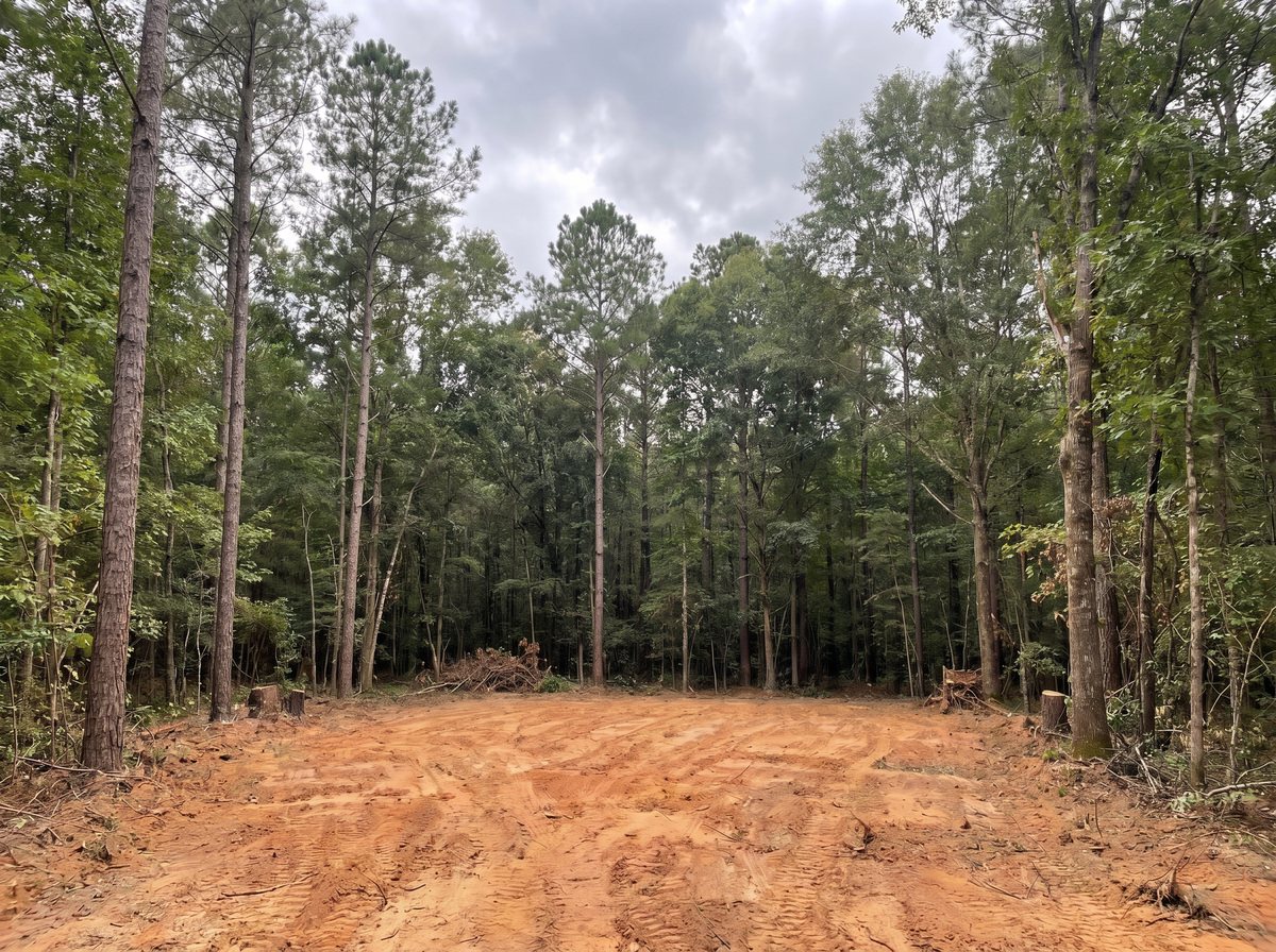 A small cleared building lot tightly enclosed by tall pines and hardwoods, representing a tight home site with limited room for a drain field.
