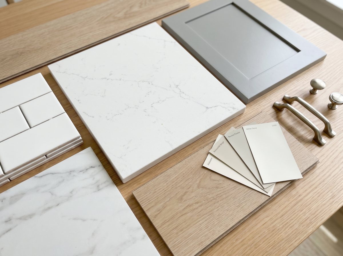 A custom-home design-selections board: quartz countertop sample, gray Shaker cabinet door, light oak LVP plank, subway and marble-look tile, brushed-nickel hardware, and paint swatches arranged on a wood table.