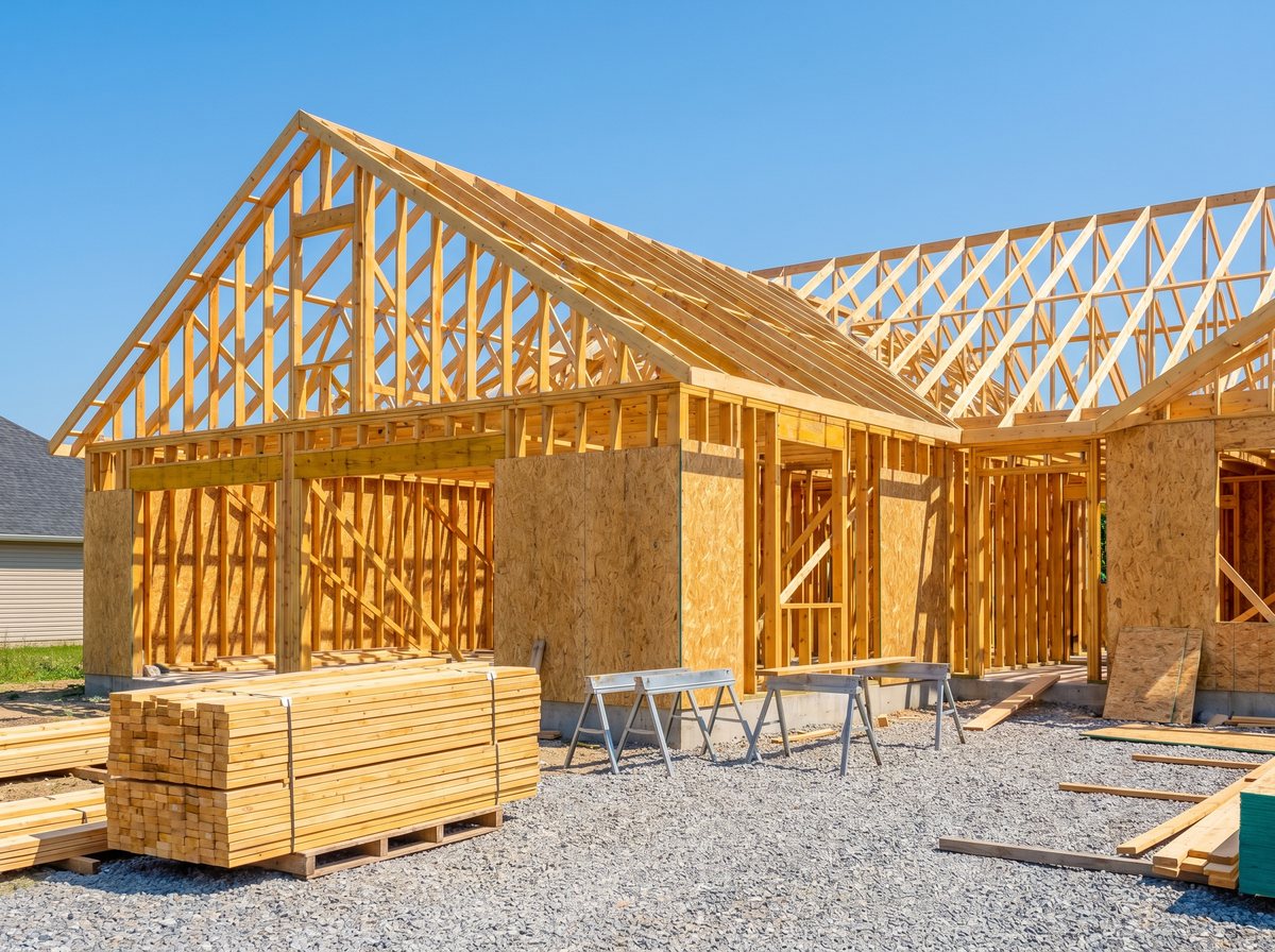 A custom home under construction at the framing stage, with wood framing and roof trusses against a blue sky.