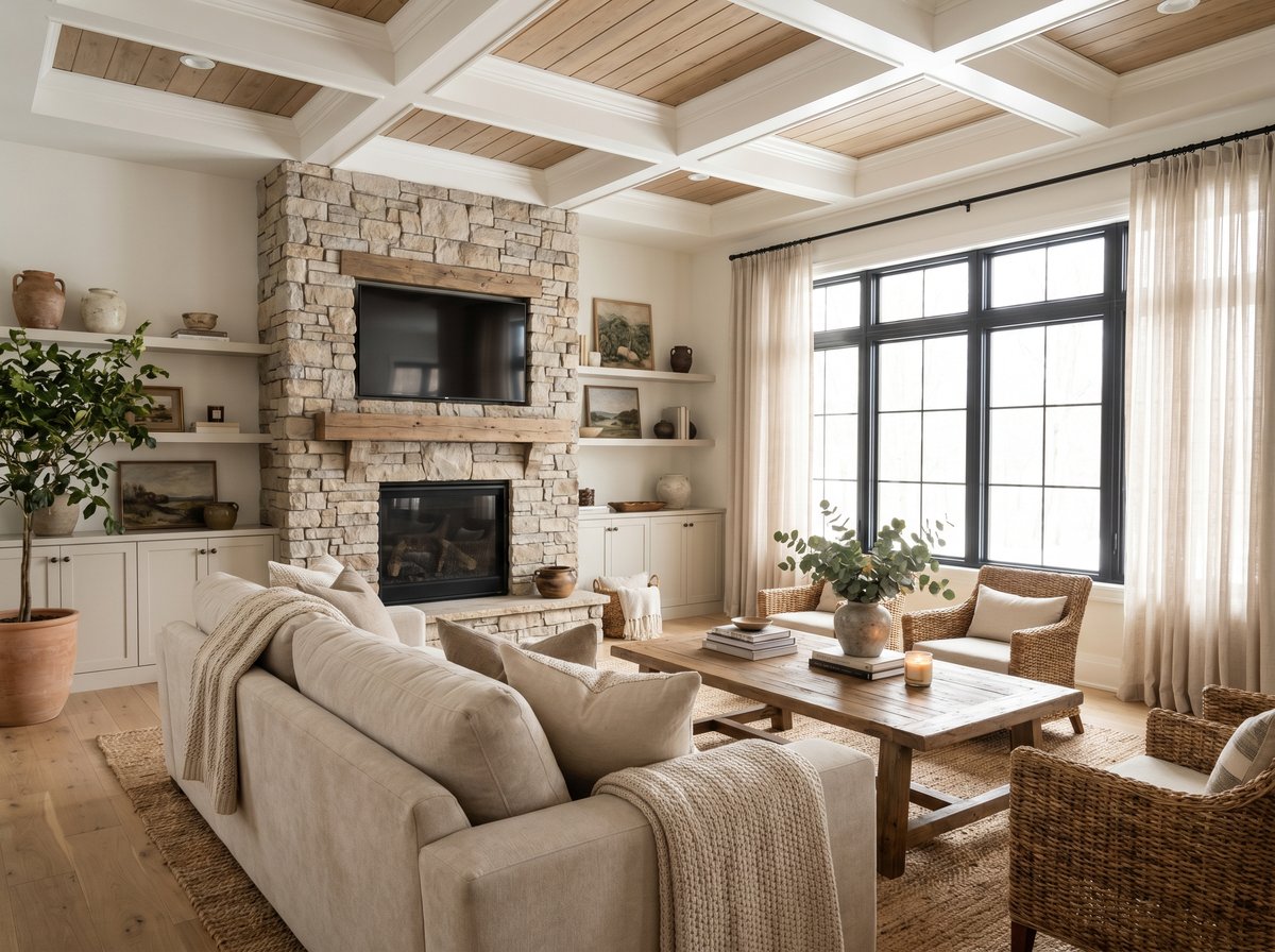 A warm finished great room in a custom Hornet home with a coffered ceiling, stone fireplace, and large windows.
