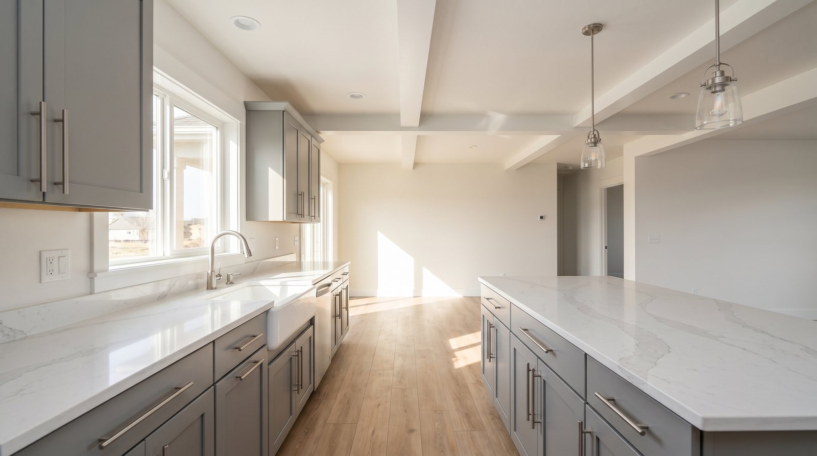 A custom modern-farmhouse kitchen with painted gray cabinetry, quartz counters, and a farmhouse sink.